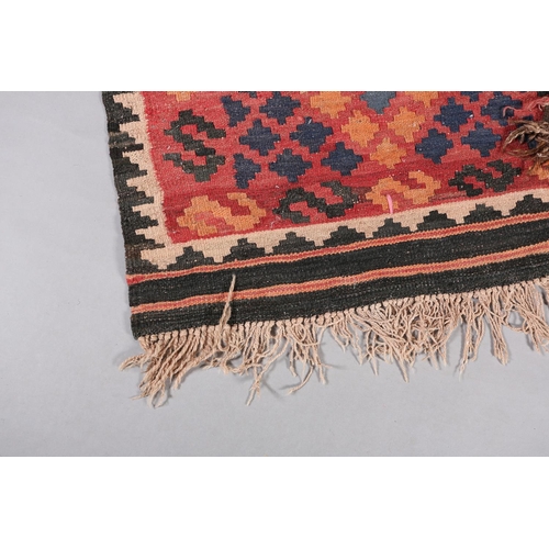 139 - Two small Middle Eastern kilims of lozenge design in madder, camel and brown and coral, turquoise, d... 