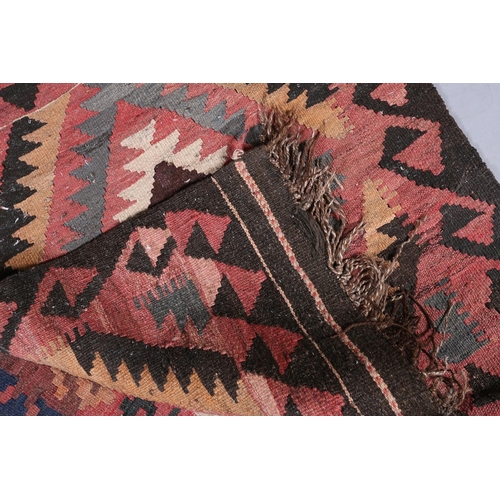 139 - Two small Middle Eastern kilims of lozenge design in madder, camel and brown and coral, turquoise, d... 