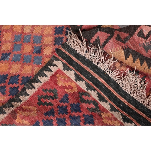 139 - Two small Middle Eastern kilims of lozenge design in madder, camel and brown and coral, turquoise, d... 