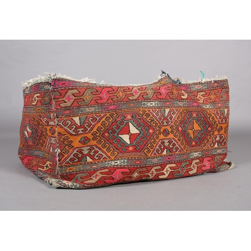 108 - A large flatweave camel bag of geometric design in orange, pink, brown and camel, 95cm x 60cm