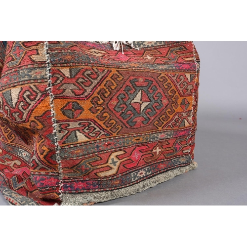 108 - A large flatweave camel bag of geometric design in orange, pink, brown and camel, 95cm x 60cm