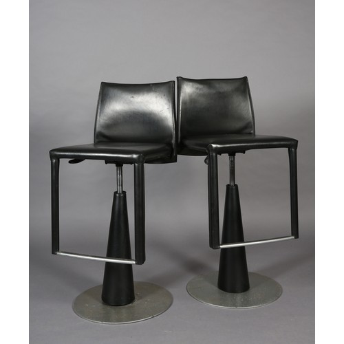 119 - A pair of Frag black leather swivel bar stool on a conical pedestal and disc base