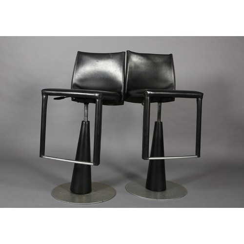 119 - A pair of Frag black leather swivel bar stool on a conical pedestal and disc base