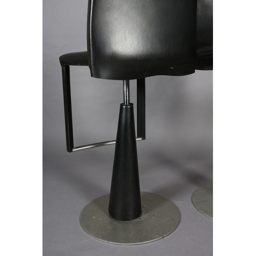 119 - A pair of Frag black leather swivel bar stool on a conical pedestal and disc base