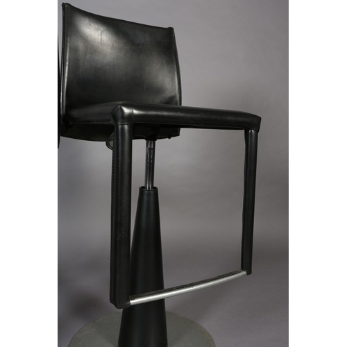 119 - A pair of Frag black leather swivel bar stool on a conical pedestal and disc base