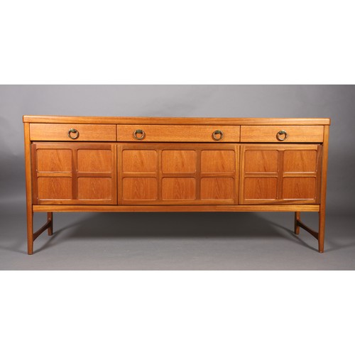 92 - Nathan, a teak sideboard, 1970s, having three drawers across with gilt metal ring handles above a sq... 