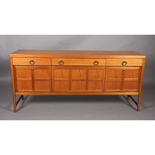 92 - Nathan, a teak sideboard, 1970s, having three drawers across with gilt metal ring handles above a sq... 