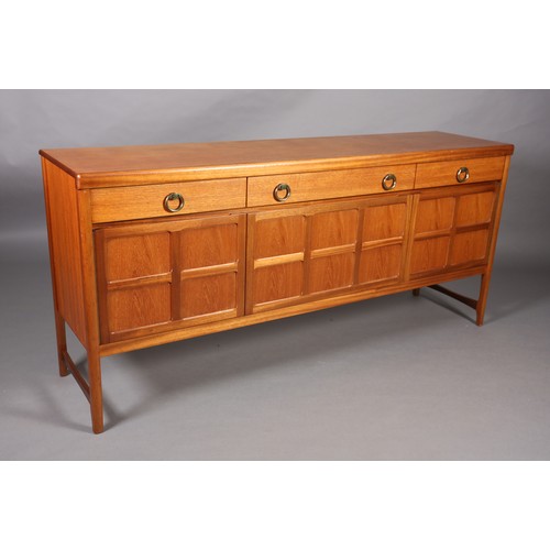 92 - Nathan, a teak sideboard, 1970s, having three drawers across with gilt metal ring handles above a sq... 