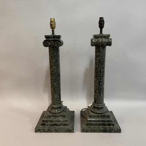 65 - A pair of granite ionic column table lamps on stepped square base, 63cm high