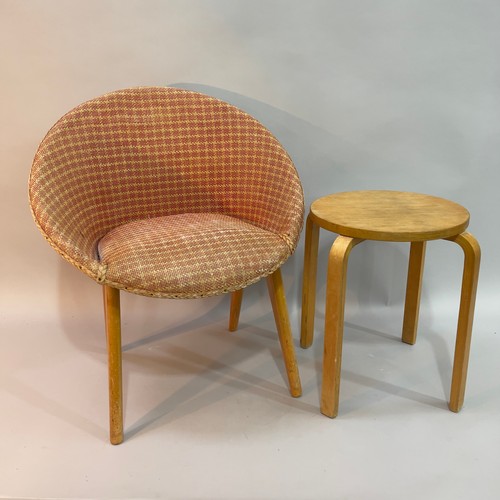 118 - A bentwood stacking stool in the style of Alvar Aalto together with a late 1950s basket weave chair ... 