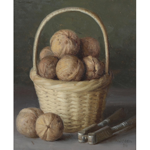 21 - ARR Gerald Norden (1912-2000), Basket of walnuts and nutcrack, still life, oil on board, signed and ... 