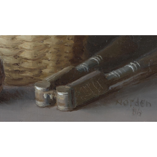 21 - ARR Gerald Norden (1912-2000), Basket of walnuts and nutcrack, still life, oil on board, signed and ... 