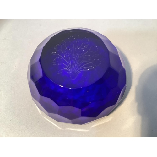 19 - A St Louis Art glass paperweight, the cobalt blue multi-faceted dome etched with flowers, maker's ma... 