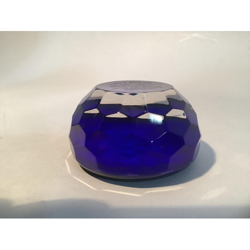 19 - A St Louis Art glass paperweight, the cobalt blue multi-faceted dome etched with flowers, maker's ma... 