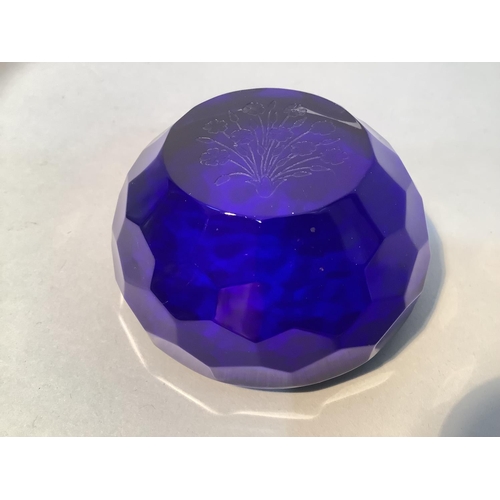 19 - A St Louis Art glass paperweight, the cobalt blue multi-faceted dome etched with flowers, maker's ma... 