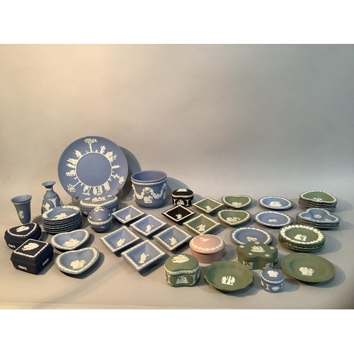 22 - A collection of Wedgwood Jasper ware, including a black trinket box and lozenge shaped pin dish, a p... 