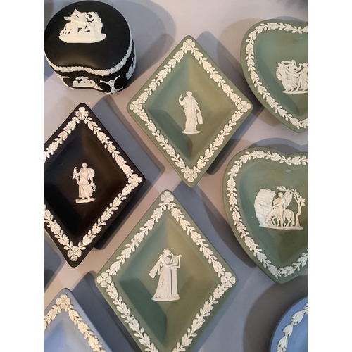 22 - A collection of Wedgwood Jasper ware, including a black trinket box and lozenge shaped pin dish, a p... 