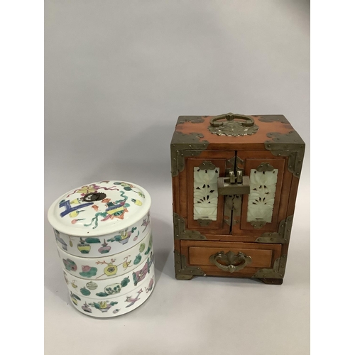 26 - A 19th century Chinese famille rose porcelain cylindrical stacking box and cover painted vases and f... 