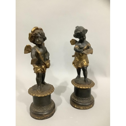 28 - A pair of spelter and gilt cherubs, after Moreau, each raised on a plinth, 24cm