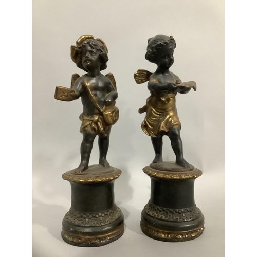 28 - A pair of spelter and gilt cherubs, after Moreau, each raised on a plinth, 24cm