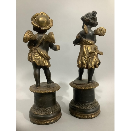 28 - A pair of spelter and gilt cherubs, after Moreau, each raised on a plinth, 24cm