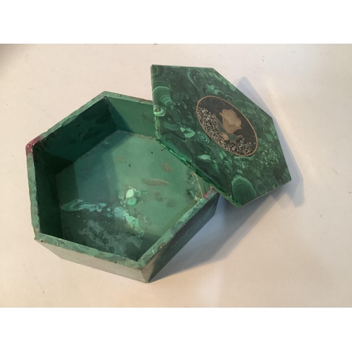 40 - A malachite composition box and cover of hexagonal outline, the cover inlaid in terrazzo and gilt me... 