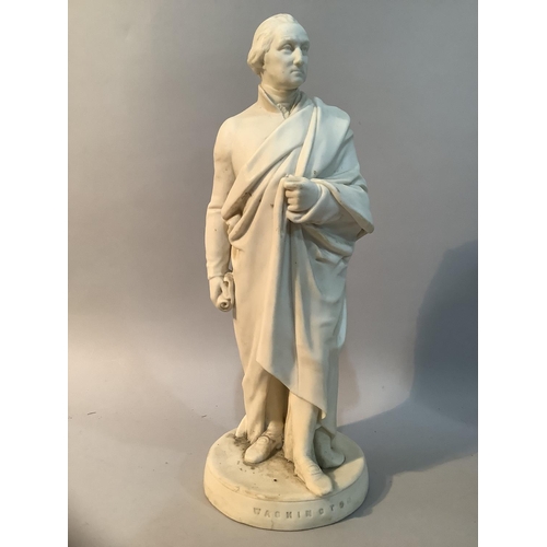 44 - A 19th Century parian figure of George Washington, standing, a scroll in hand, on a plinth base, 34c... 