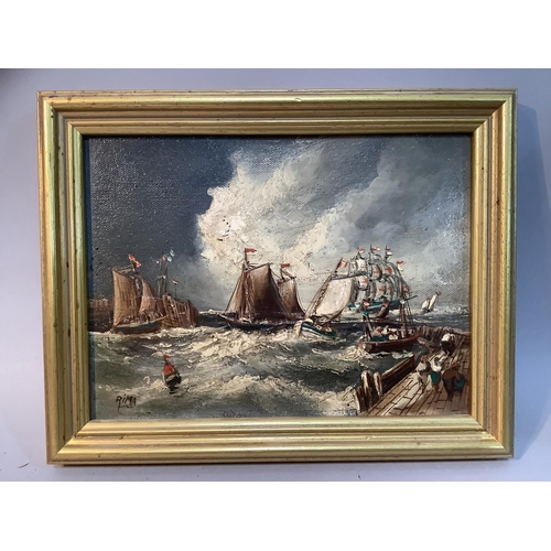 47 - Rima, mid-20th century, Shipping heading for harbour as a storm approaches, oil on board, signed to ... 