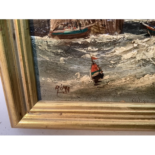 47 - Rima, mid-20th century, Shipping heading for harbour as a storm approaches, oil on board, signed to ... 