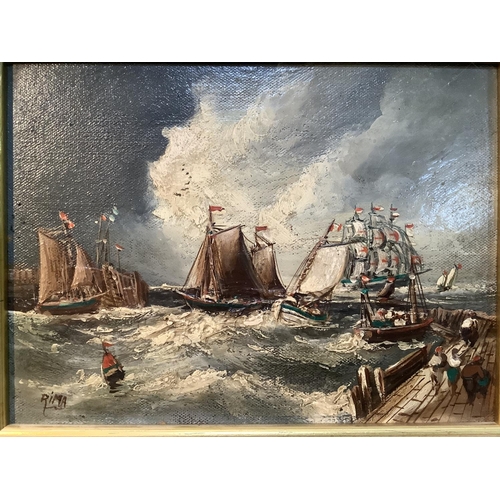 47 - Rima, mid-20th century, Shipping heading for harbour as a storm approaches, oil on board, signed to ... 