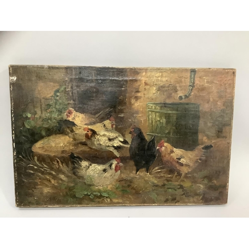 279 - 19th English School, Chickens in a corner of the yard, oil on canvas, unsigned, 23cm x 35.5cm