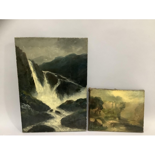 309 - 19th British School, Mountain landscape with waterfall, oil in canvas, unsigned, 51cm x 35.5cm toget... 