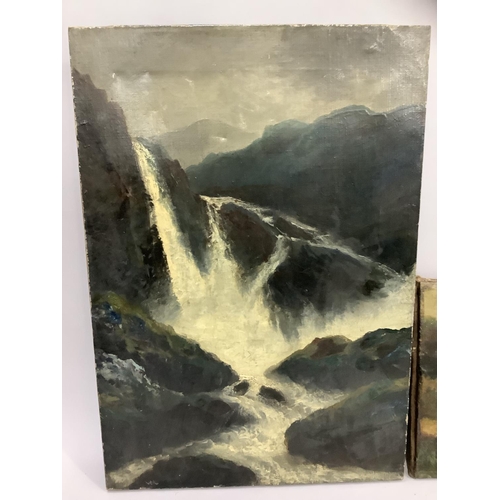 309 - 19th British School, Mountain landscape with waterfall, oil in canvas, unsigned, 51cm x 35.5cm toget... 