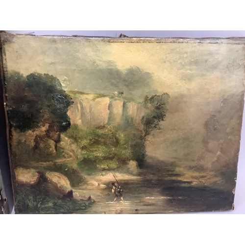 309 - 19th British School, Mountain landscape with waterfall, oil in canvas, unsigned, 51cm x 35.5cm toget... 