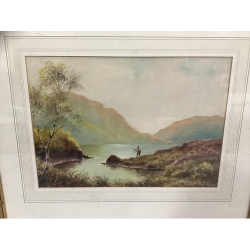 273 - A Ramxx, Lakeland scene with angler on the Lakeside, watercolour, indistinctly signed to lower right... 