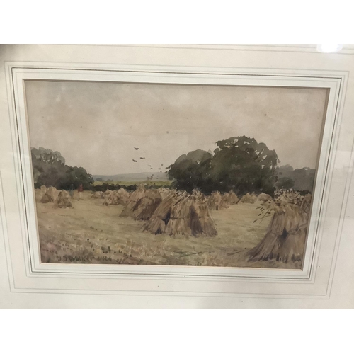 277 - J D Walker (Exh  1902-1919), Wheatsheaves in the field, watercolour, signed to lower left, 15cm x 22... 