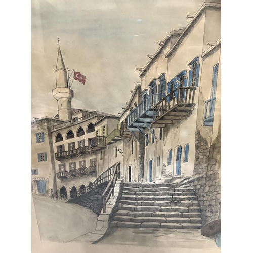 337 - John Garry, early 20th century, Street scene in Kyrenia, Turkey, pen and ink and colour wash, signed... 