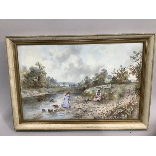 288 - Scott, late 19th/early 20th century, River landscape with young girl padding in the shallows, anothe... 