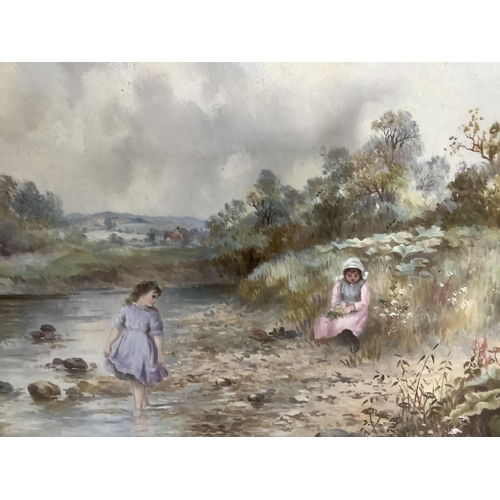 288 - Scott, late 19th/early 20th century, River landscape with young girl padding in the shallows, anothe... 