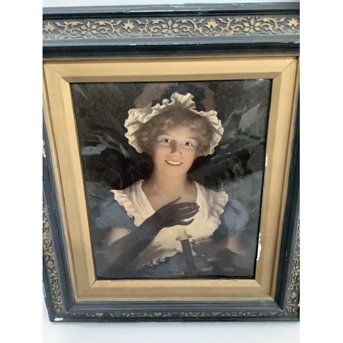 271 - A crystoleum, half portrait of a maid with chamberstick, 21.5cm x 17.5cm, together with a Georgian n... 