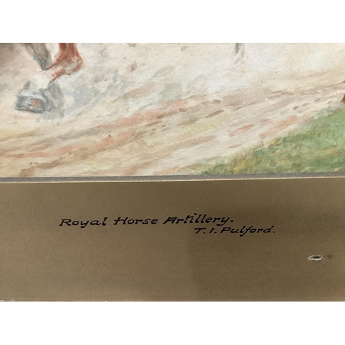 305 - Charge of the Royal Horse Artillery, 1st World War, watercolour, signed T I Pulford, 29cm x 46cm, un... 