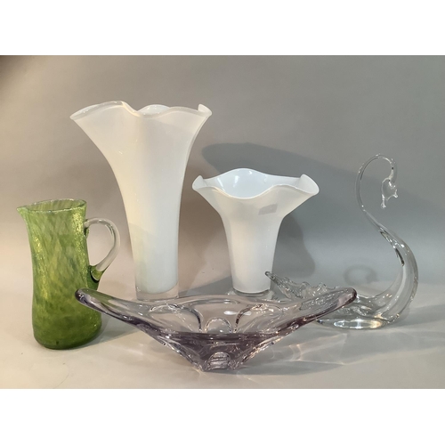 222 - Mid 20th century glass including a pale amethyst glass vase, 36cm wide x 10.5cm high, a clear glass ... 