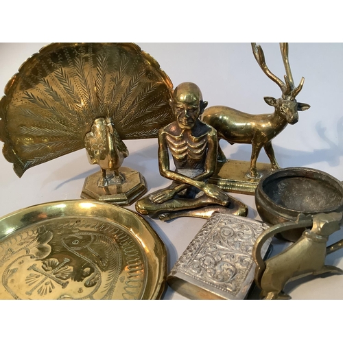 345 - Indian brass figure of a holy man together with a brass dish worked with fish, a brass spherical sce... 