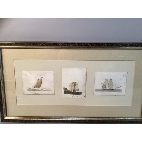 335 - Three 19th century pen, ink and wash studies of ships contained in one frame 16cm x 41cm together wi... 