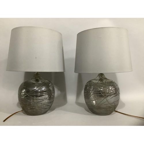 283 - A pair of silver lustre glass table lamps with grey shades, 39.5cm (with shade)