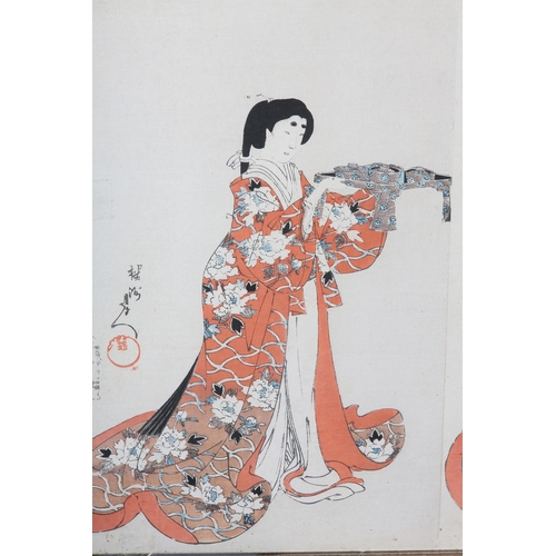 165 - A Japanese woodcut in colour, Meiji period, of elegant ladies about to take tea, signed, in three se... 