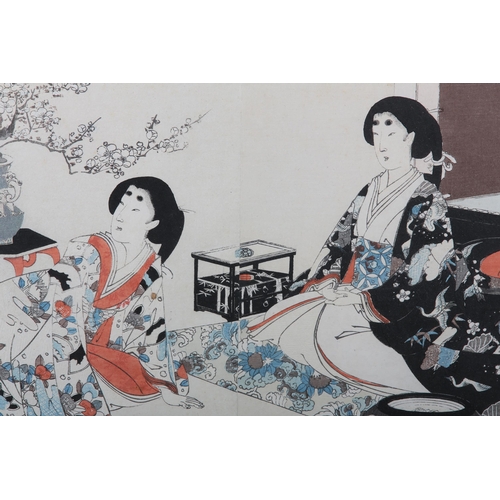 165 - A Japanese woodcut in colour, Meiji period, of elegant ladies about to take tea, signed, in three se... 