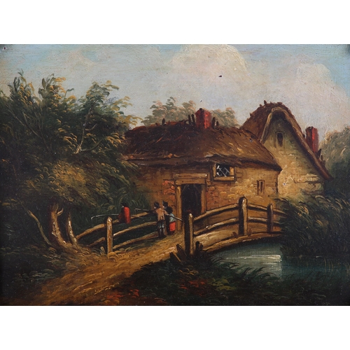 168 - 19th century English school, Thatched barn, cart and figures; figures fishing from a bridge, a pair,... 