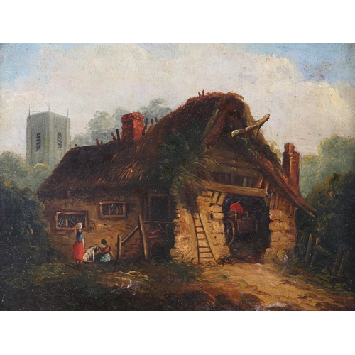 168 - 19th century English school, Thatched barn, cart and figures; figures fishing from a bridge, a pair,... 