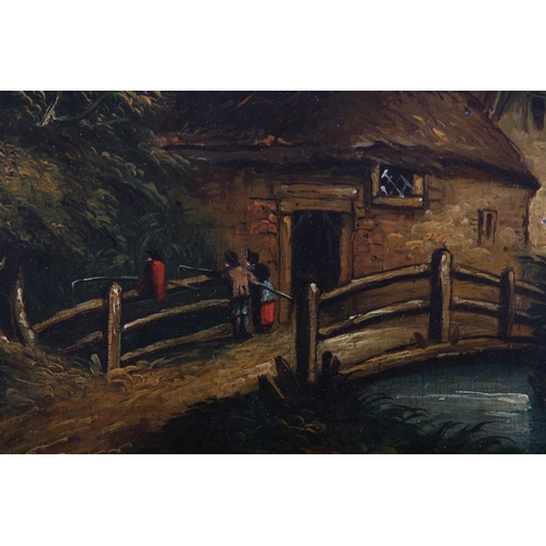 168 - 19th century English school, Thatched barn, cart and figures; figures fishing from a bridge, a pair,... 